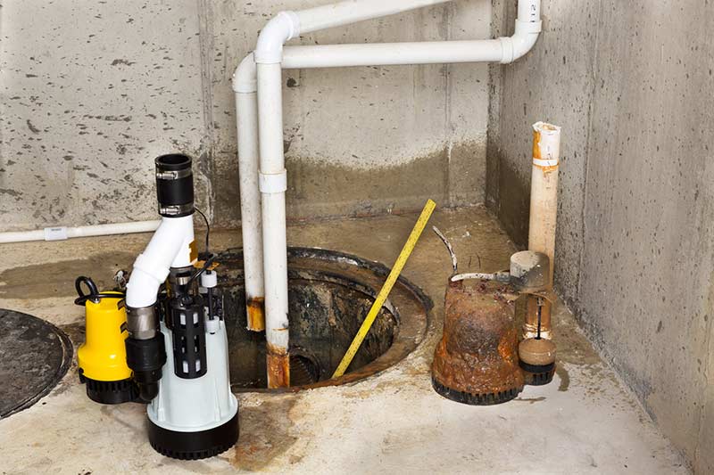 waterproofing sump pump installation with drainage pipes