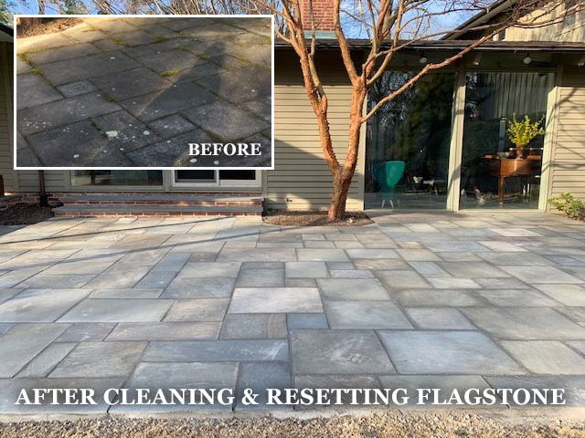 before and after cleaning and resetting flagstone