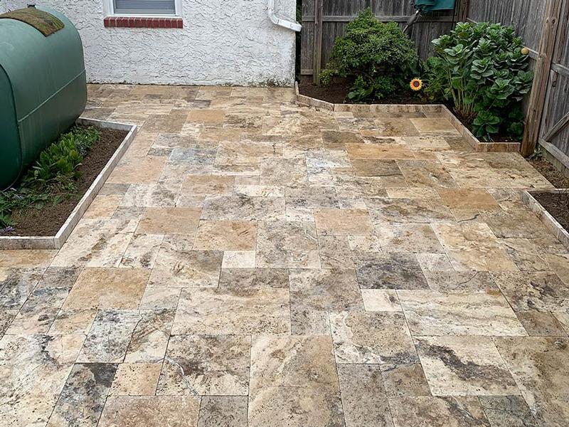 backyard patio hardscaping tan and gray stones